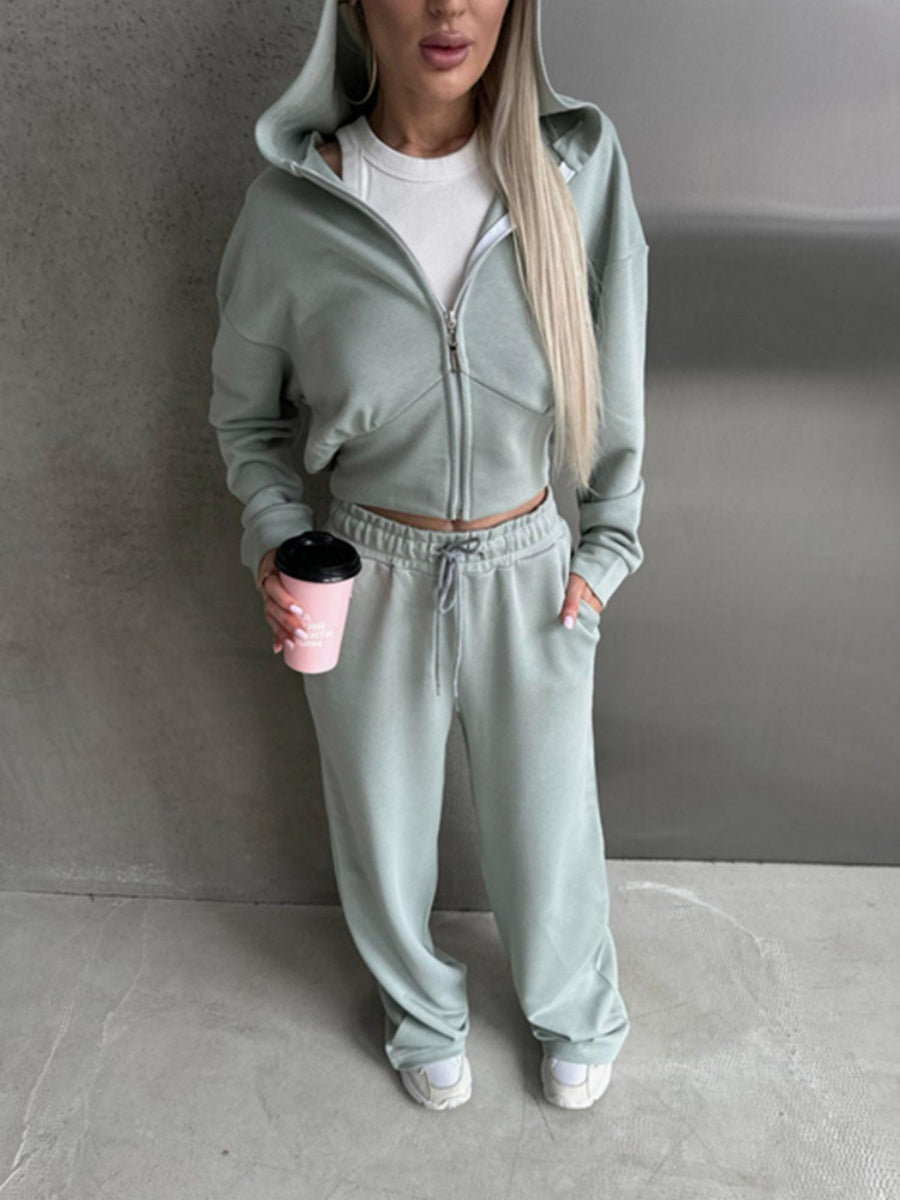 Liber Autumn women's clothing Drawstring Hooded Zippered solid color long-sleeved cardigan two-piece set