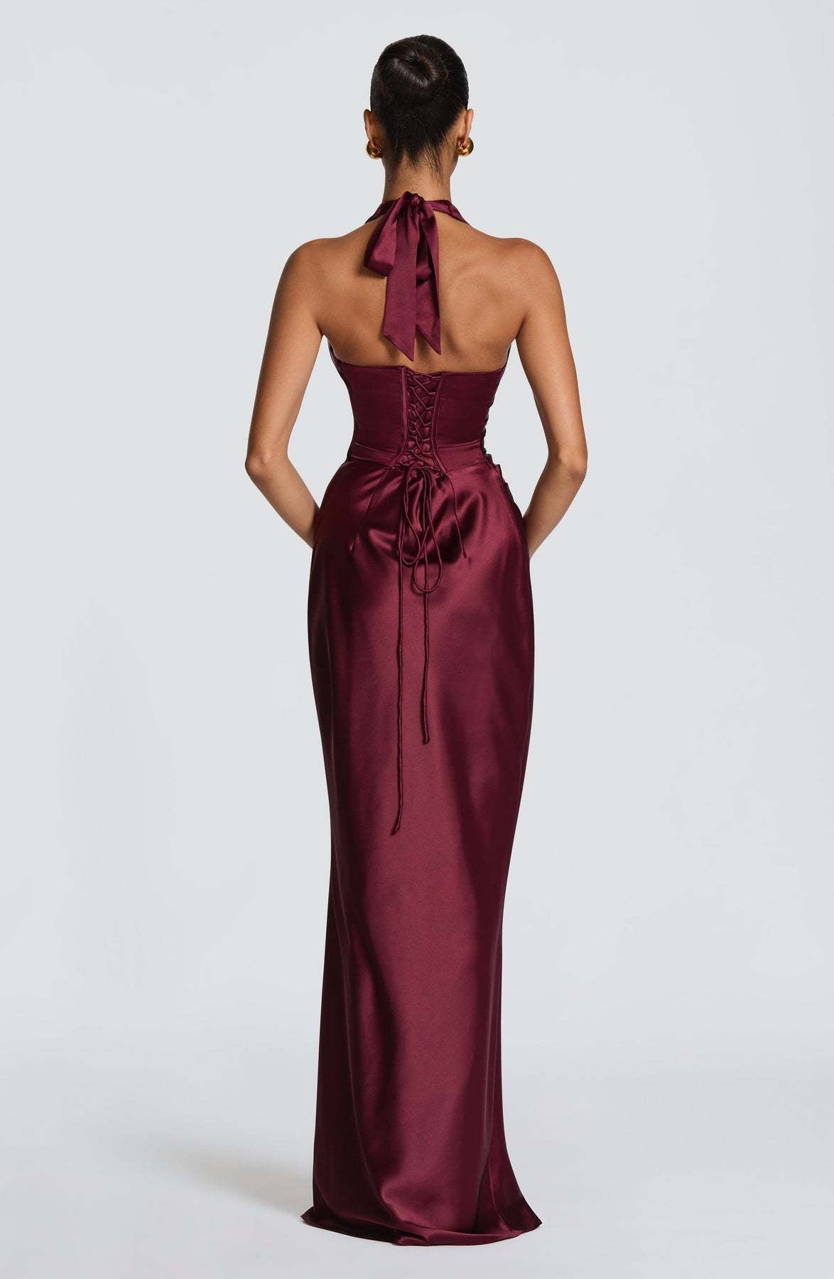 Halter Neck Deep V Long Dress With Pleats And Laces, Sexy Off-shoulder Design Maxi Dresses