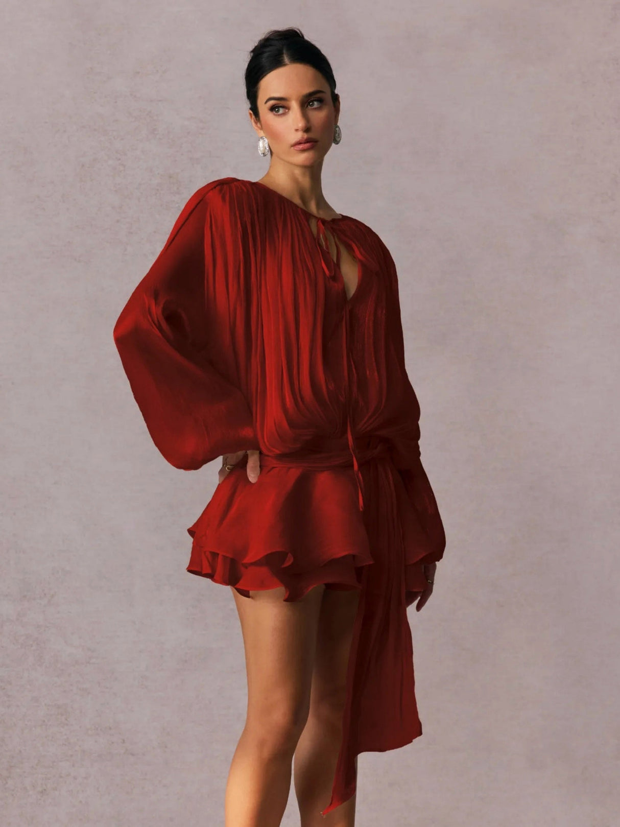 V-neck Straps Crimp Ribbon Wood Ear Solid Color Mini&Short Dresses