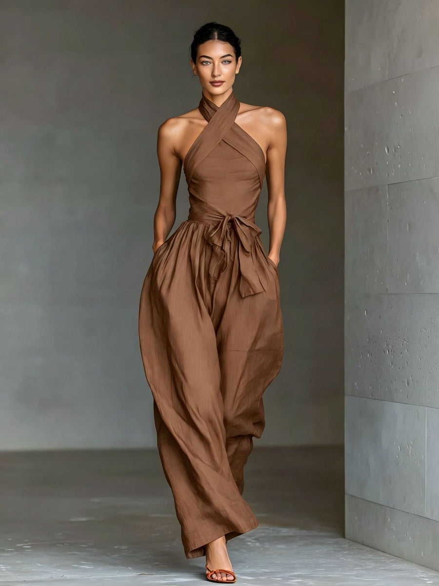 Lace-up Linen Cross-strap Wide-leg Jumpsuit