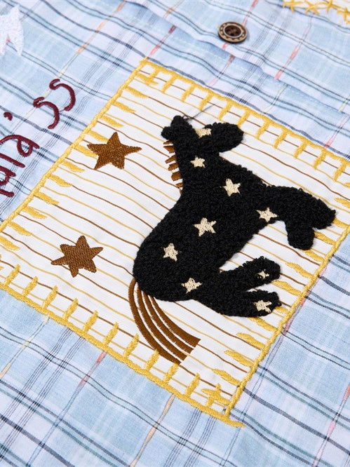 Cartoon Embroidery Plaid Loose-fit Shirts
