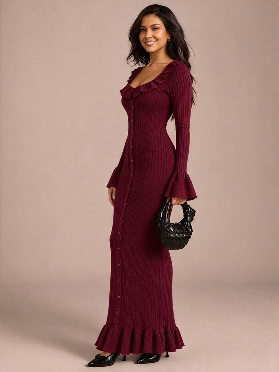 U-neck French Long-sleeved Simple Ruffled Knit Maxi Dress