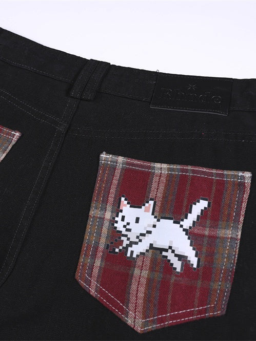 Plaid Color-blocked Cartoon Straight-fit Jeans