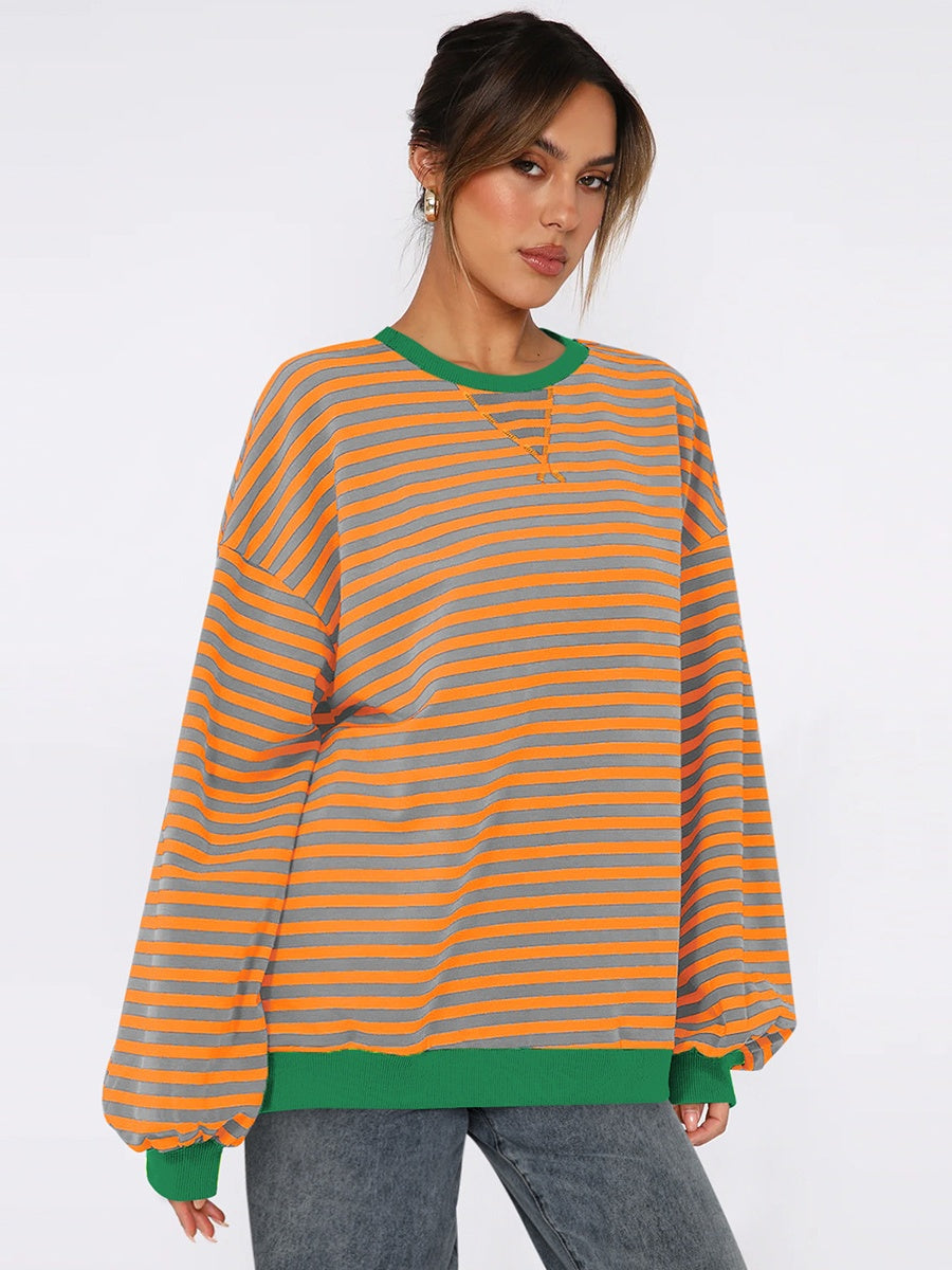Women's Autumn/Winter Striped Color-Blocked Oversized Long-Sleeved Sweatshirt