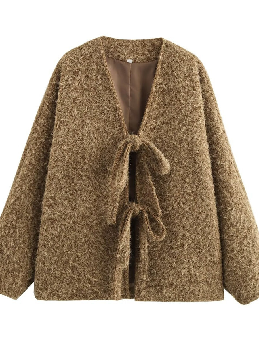 Loose V-neck tie knit cardigan