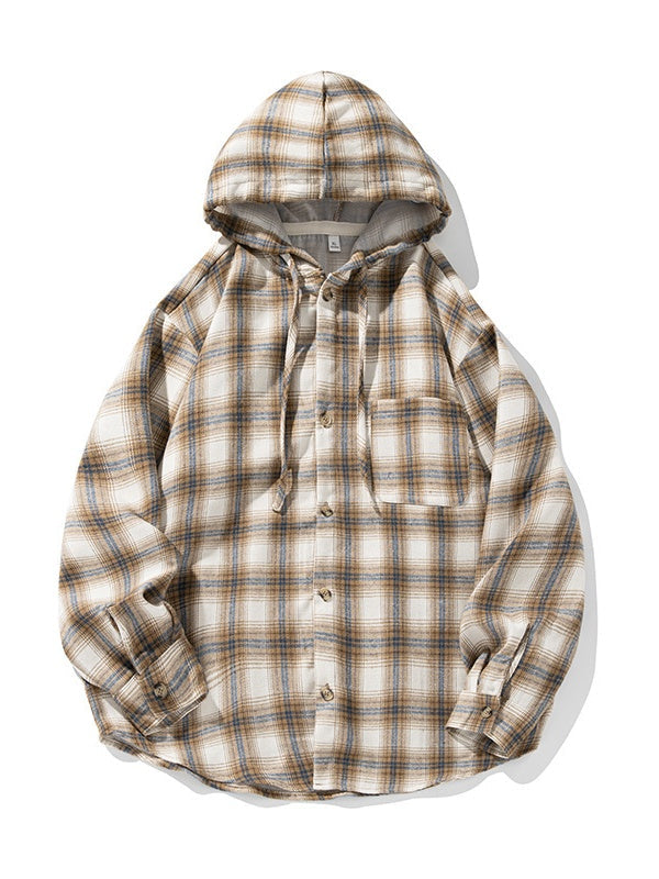 Color-blocked Plaid Hooded Shirt