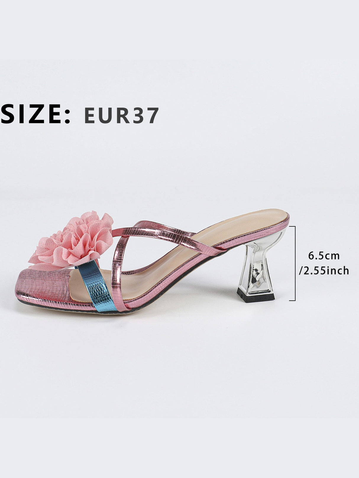 3D Floral Iridescent Square-toe High-heeled Sandals