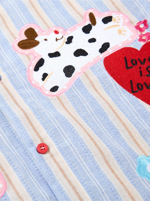 Cartoon Embroidery Vertical Stripe Hip Hop Loose-fit Color-blocked Shirts