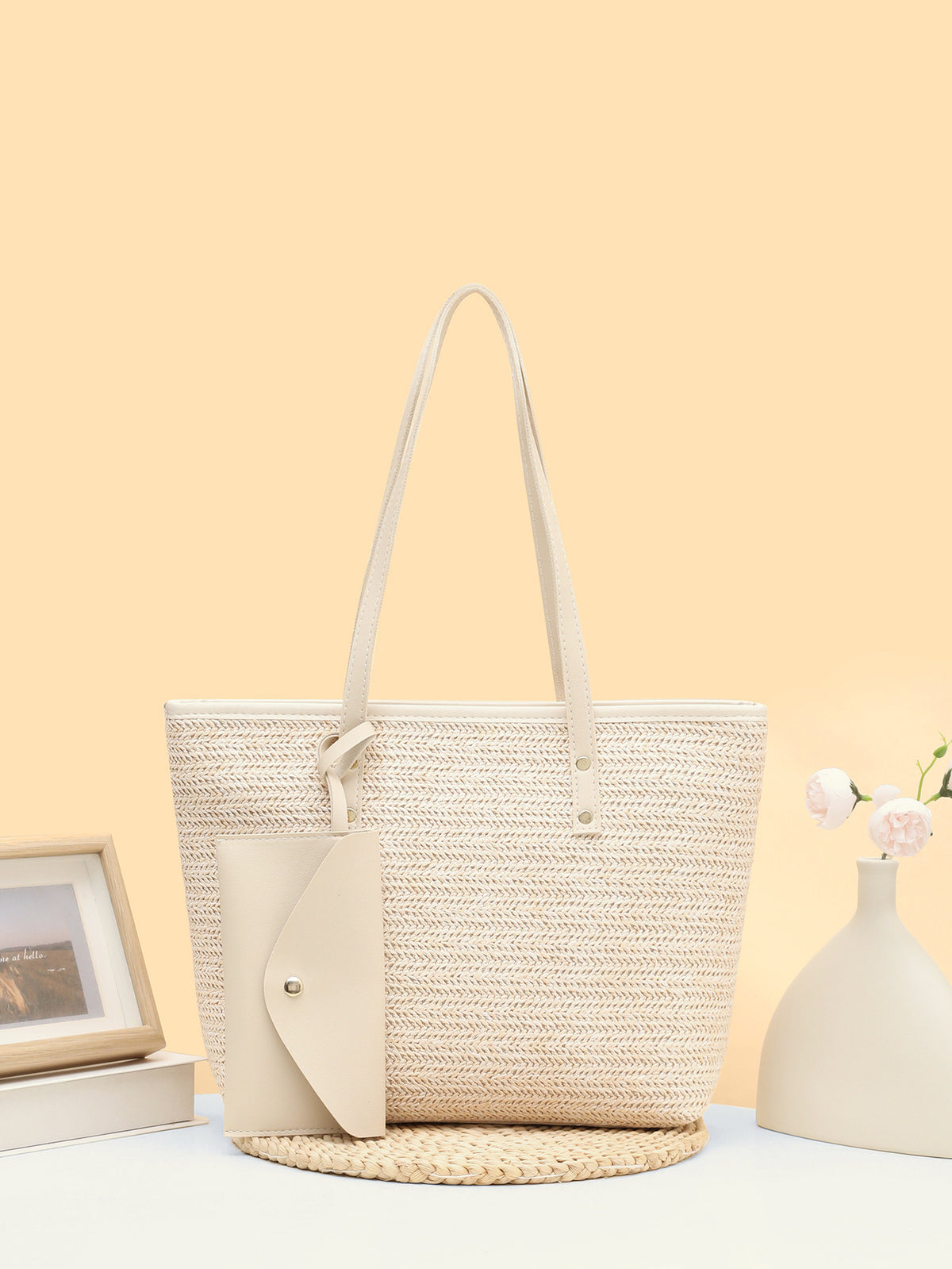 Solid Color Straw Woven Vacation Tote Bag