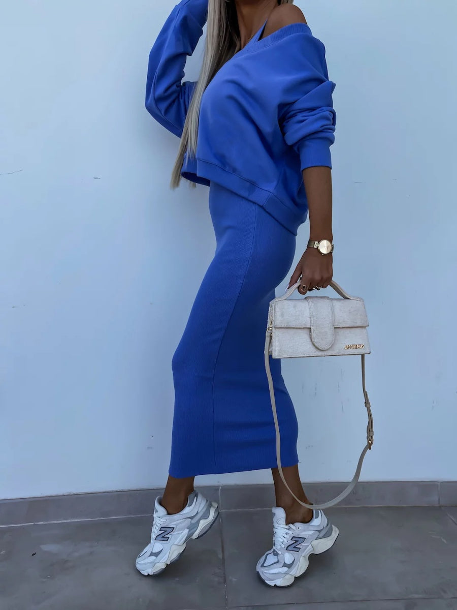 Liber Autumn women's V-neck clothing Pullover solid color long sleeve two piece dress