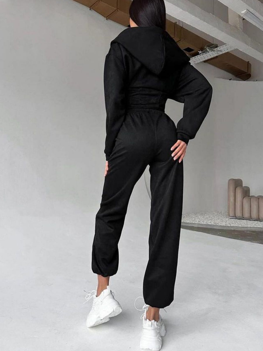 Liber Autumn women's clothing waist design Hooded Zippered solid color long-sleeved cardigan two-piece set