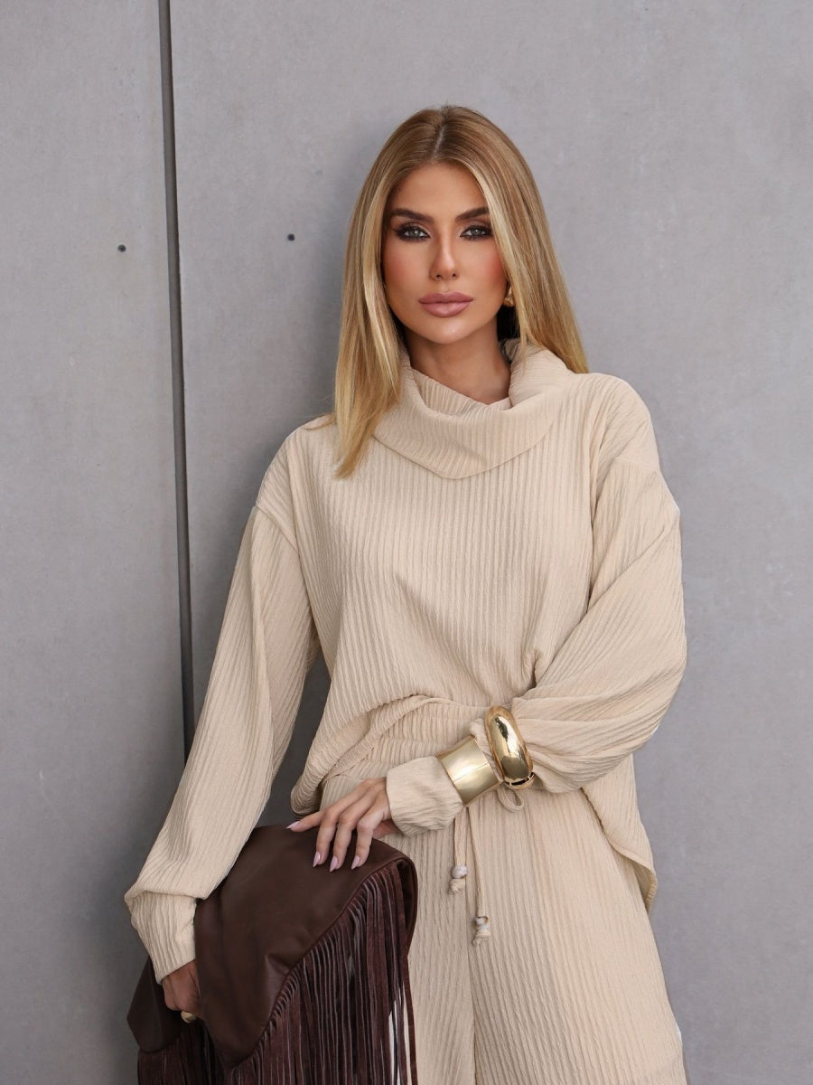 Blended Loose Jacquard Stand Collar Long Sleeves Two-piece Straight-leg Trousers