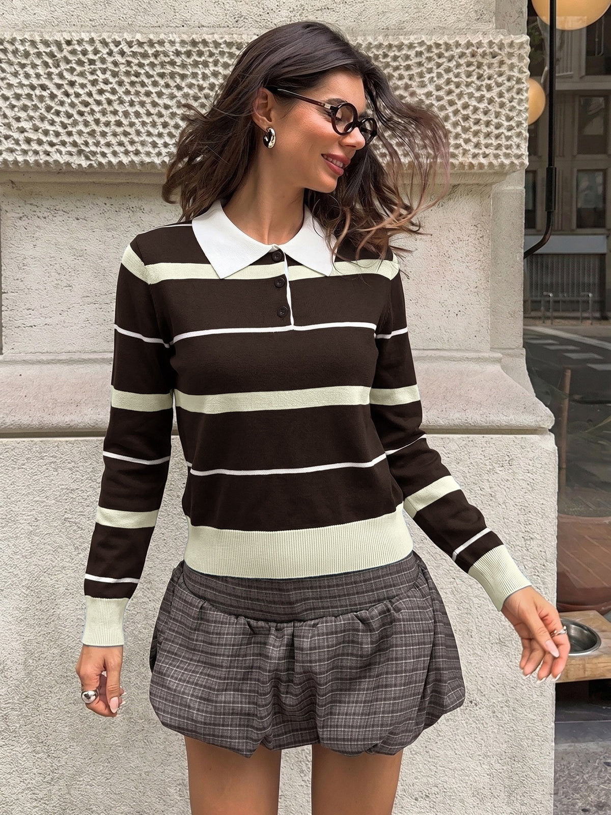 Preppy Style Striped Color-blocked Polo Collar Long-sleeved Fitted Sweater