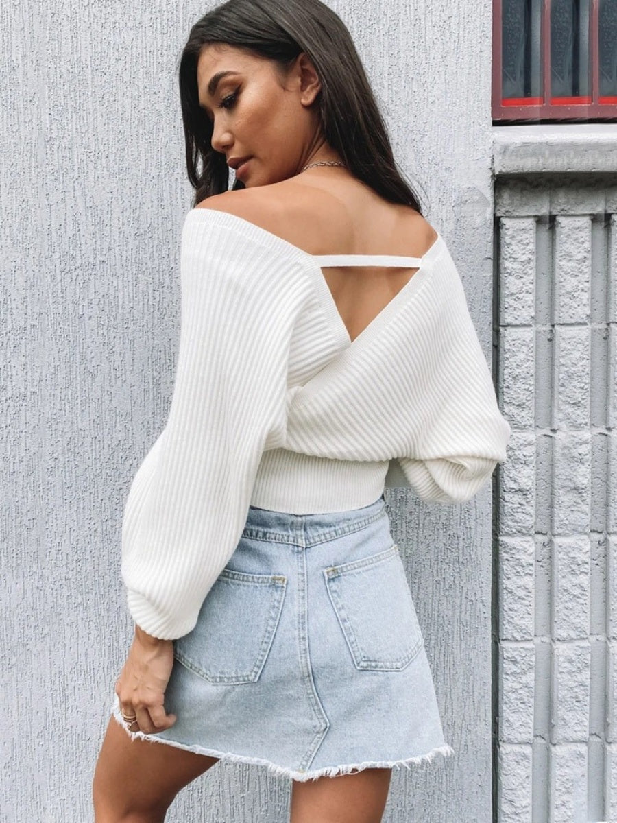 Liber Autumn women's clothing cross design Plain stitch V-neck solid color pullover long-sleeved sweater