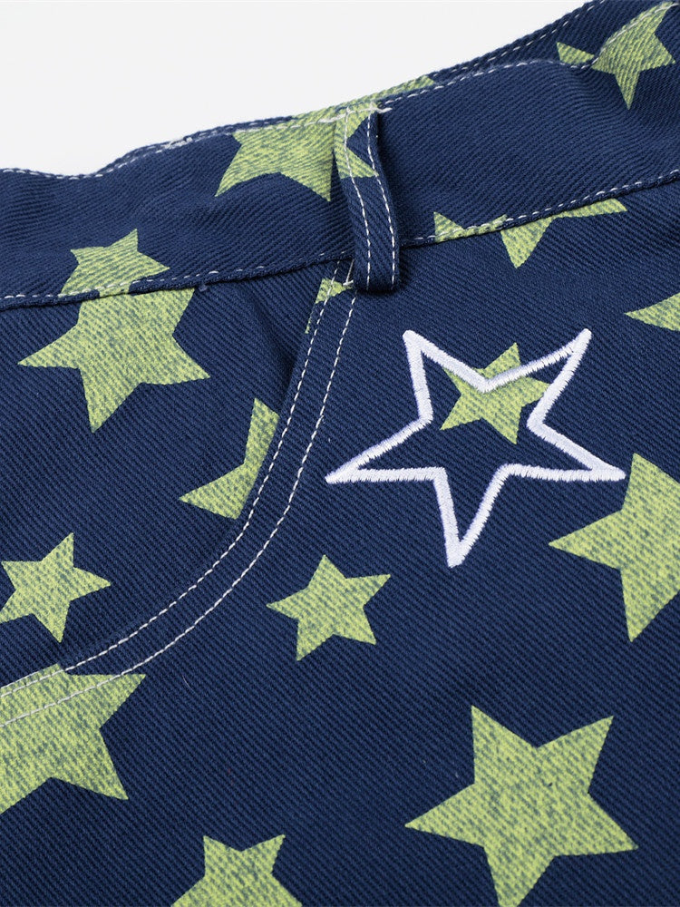 Full Print Star Loose-fit Wide Leg Work Clothes Five Points Shorts