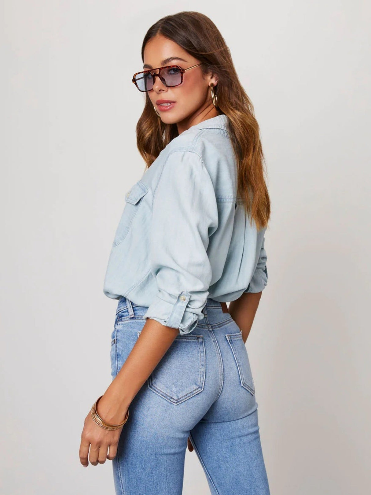 Lapel Single-breasted Long Sleeves Denim Shirt