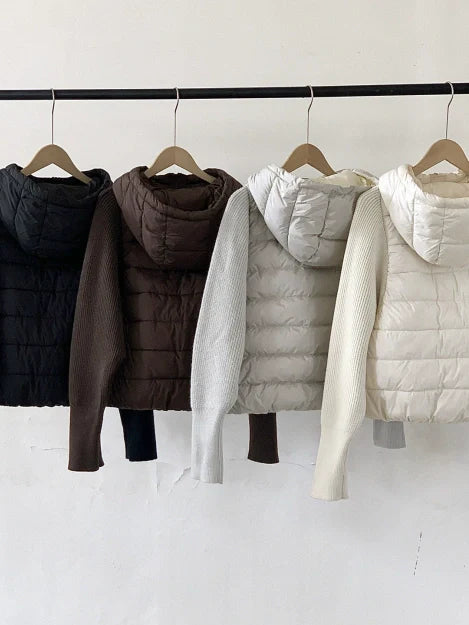Hooded And Lightweight Cotton-padded Jacket Knitted Sleeves Splicing Short Fake Two Pieces Cotton Clothes