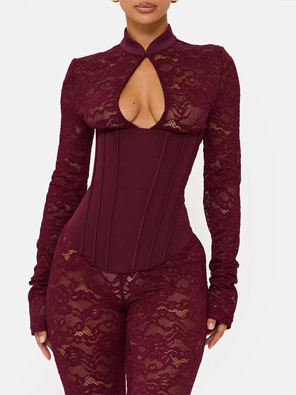 Lace-trimmed Cheongsam-style Fitted Bodycon Jumpsuit