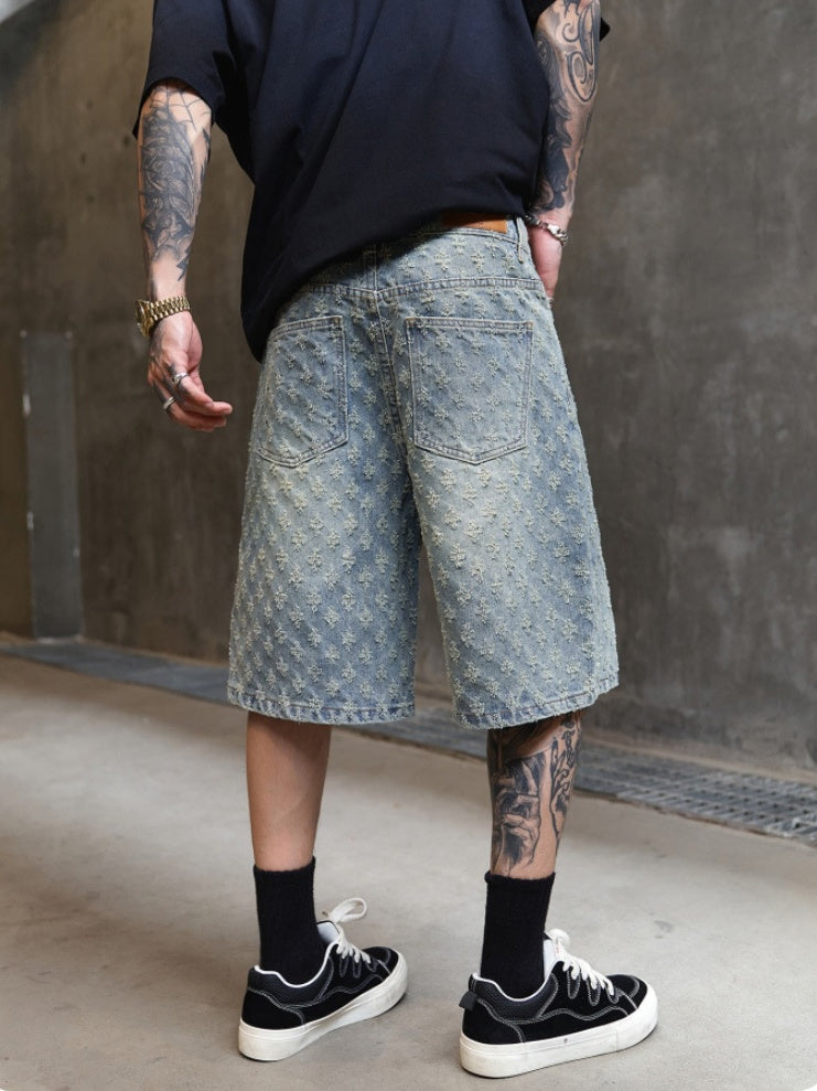 Jacquard Full Print Denim Lightweight Straight-fit Five Points Shorts