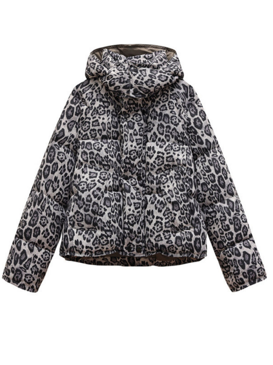 Detachable Pocket Leopard Bread Loose Short Hooded Zippered Cotton Jacket
