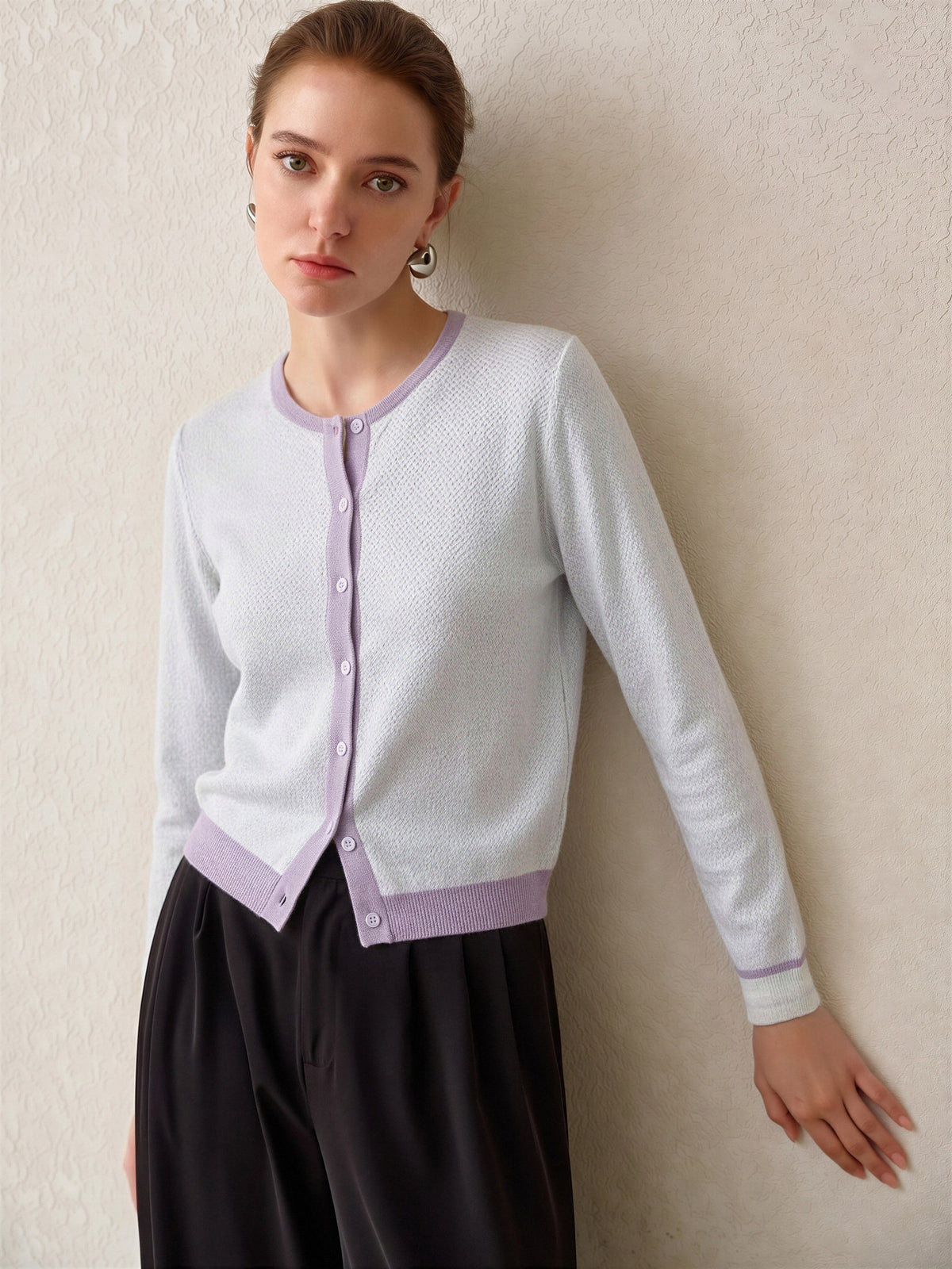 100% Wool Color Block Crew Neck Knit Cardigan