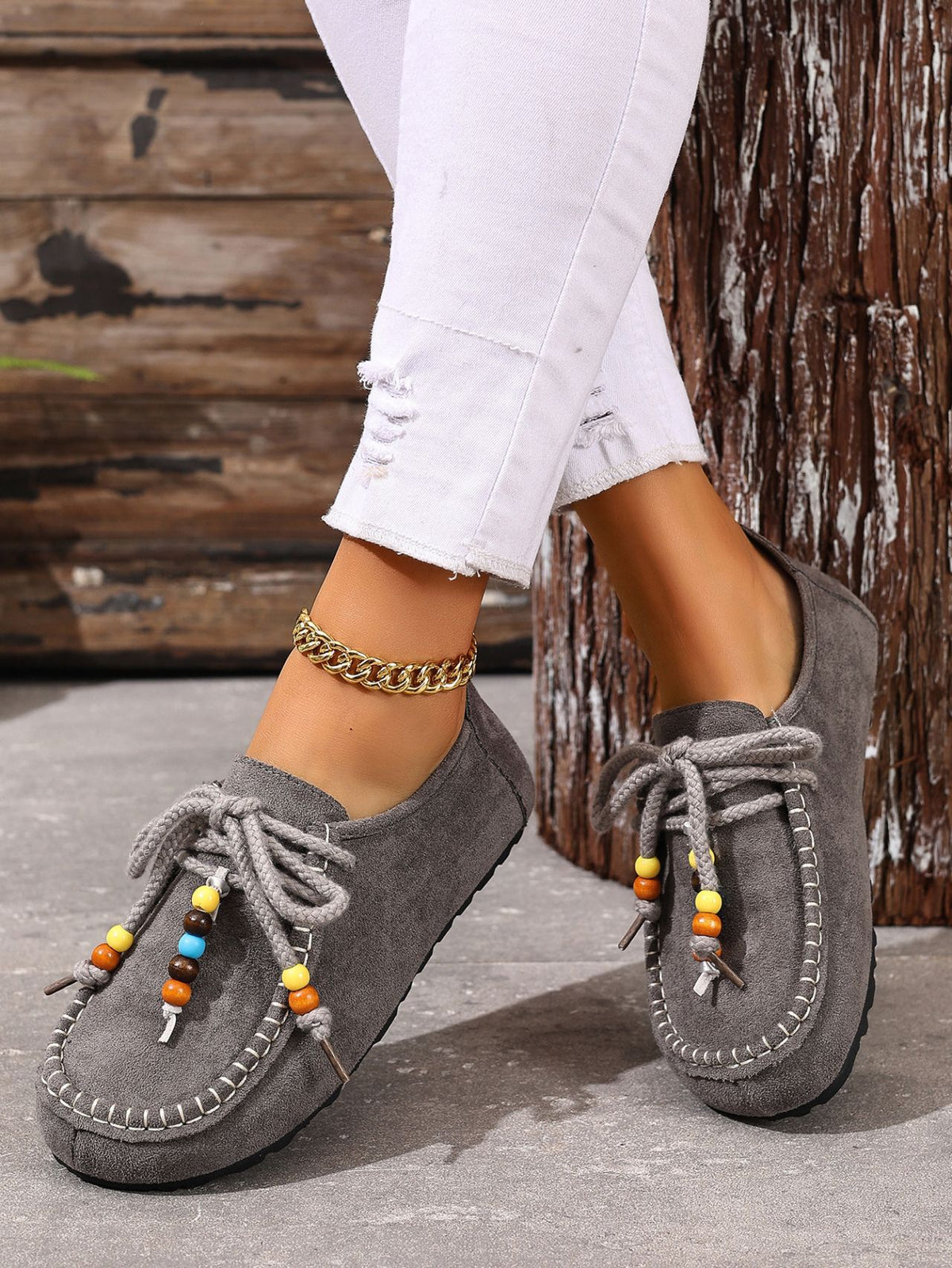 Lace-up Beaded Casual Suede Retro Round Toe Flat Shoes