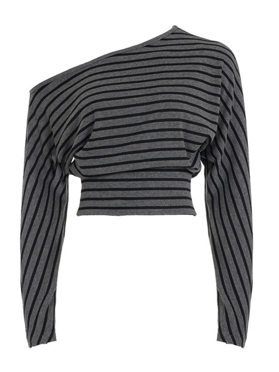 One Shoulder Long Sleeve Splicing Stripes 2-piece Sets