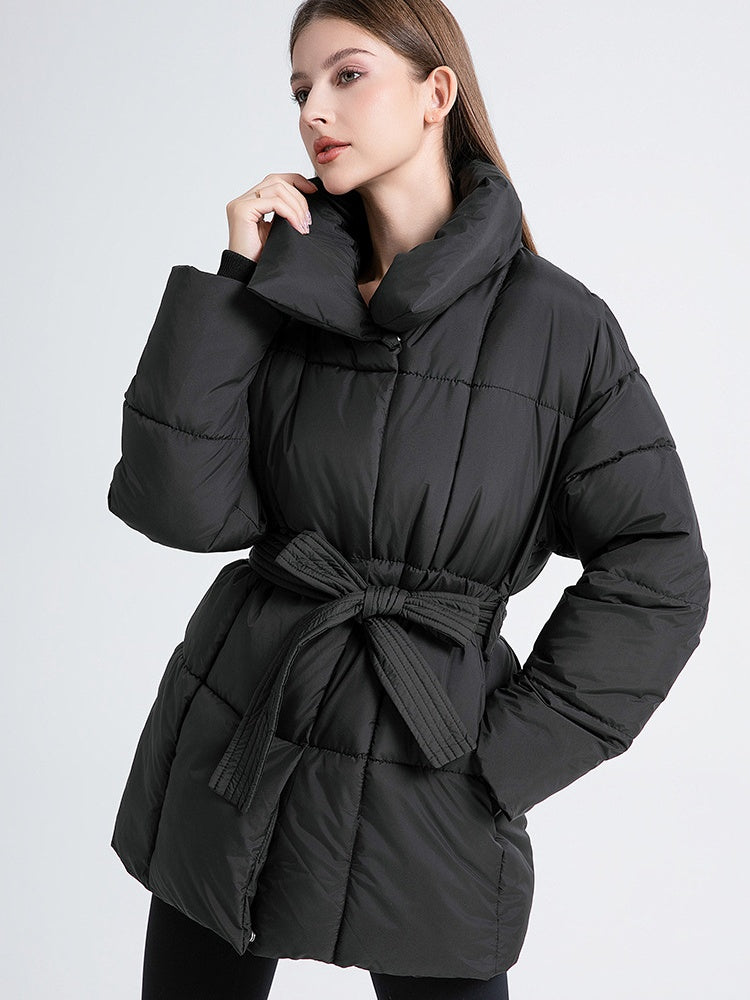 Stand Collar Tie Button Down Mid-length Warm Coat