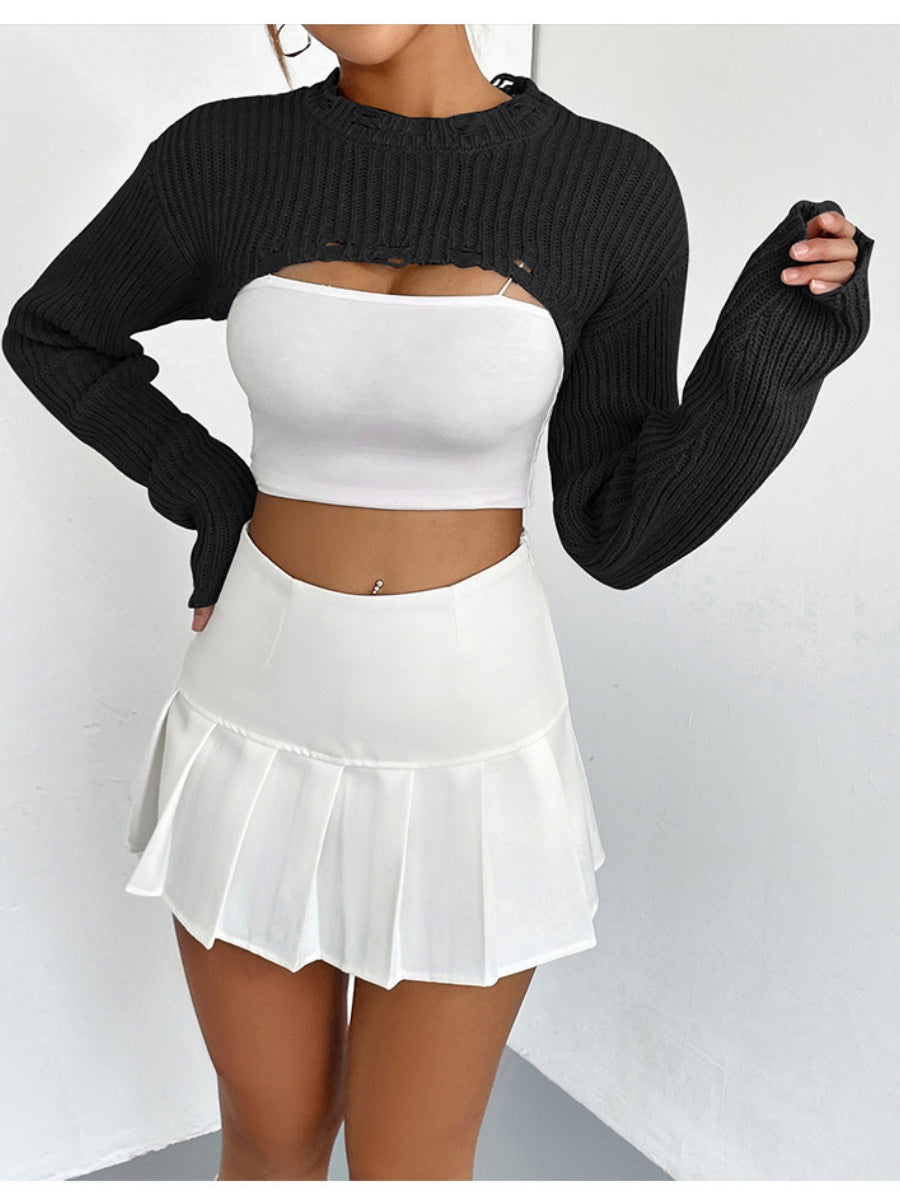 Liber Autumn women's knitted ripped short pullover mesh see-through top