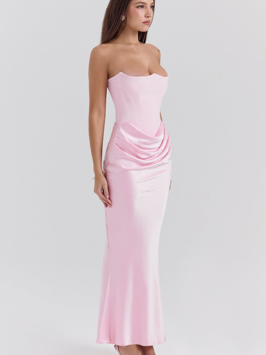 Strapless Satin Fishbone Decoration Crimp Splicing Hip-hugging Dinner Cocktail Midi Dress