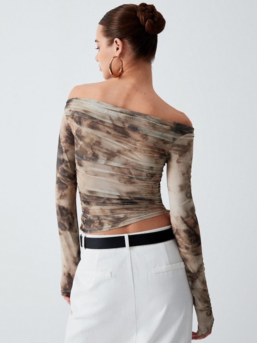 3D Printed Cropped Slim Fit T-Shirt, Retro Sexy Off-Shoulder Pleated Top