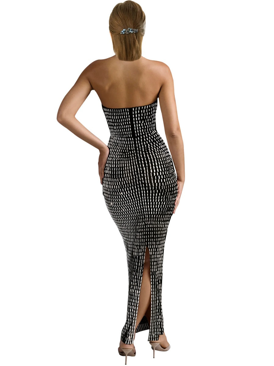 Strapless Rhinestone Hip-hugging Mesh Sequins Dinner Cocktail Maxi Dress