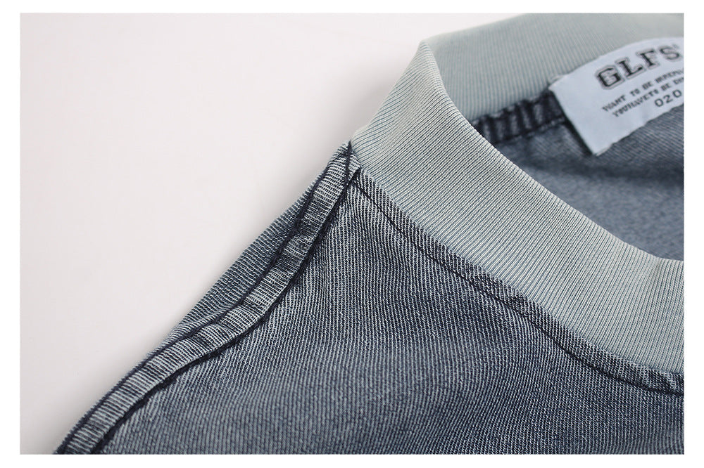 Washed Patches Stereo Embroidery Denim T-shirt