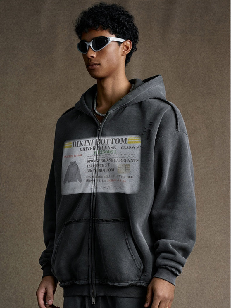 Cardigan mit abgenutztem, gewaschenem Print-Hoodie