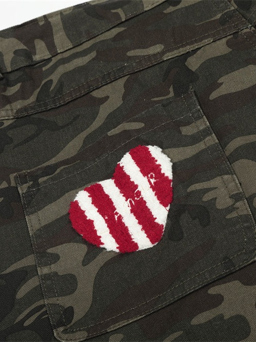 Cartoon Embroidery Camouflage Work Clothes Vibe Wide Leg Five Points Shorts