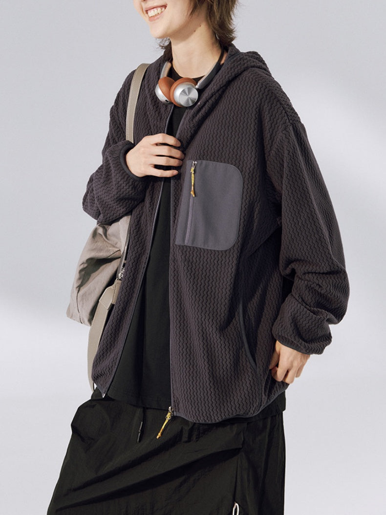 Bata Wave Pattern Stand Collar Outdoor Windproof Zipper Jacket