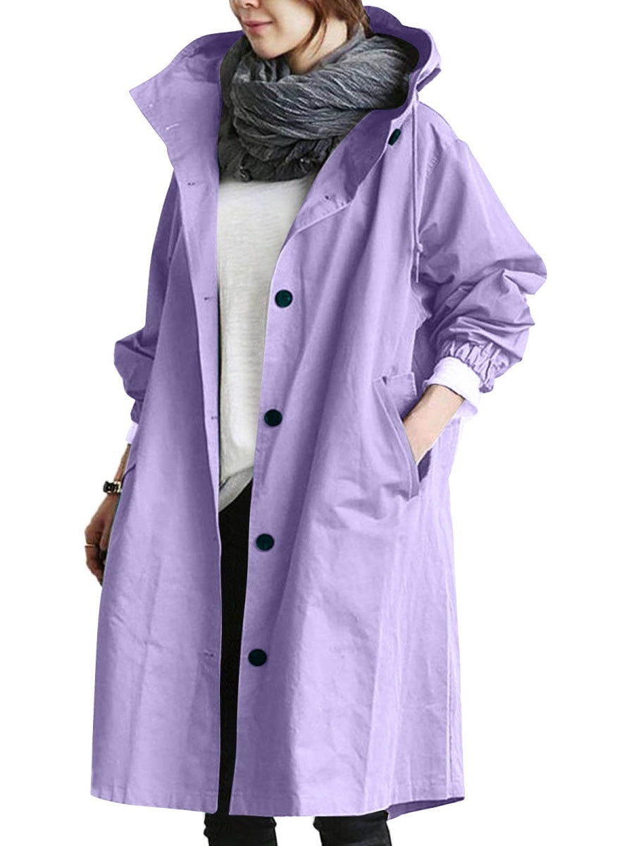 Oversized Hooded Single-Breasted Mid-Length Trench Coat