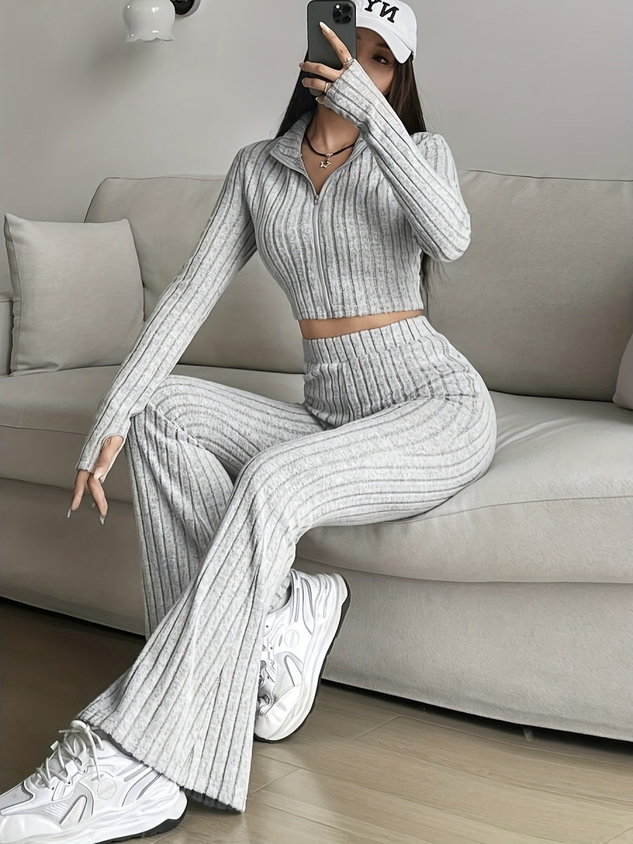 Leisure Long Sleeve Zipper Solid Color 2-piece Sets