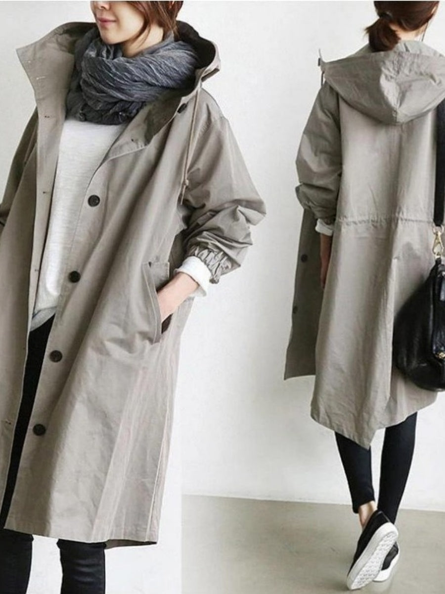 Oversized Hooded Single-Breasted Mid-Length Trench Coat