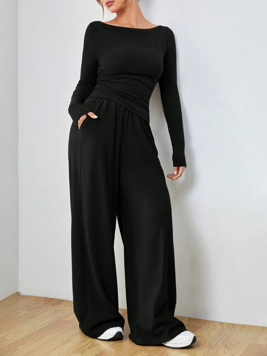 Pocket Solid Color Large Round Neck Long Sleeve Pants 2-piece Sets