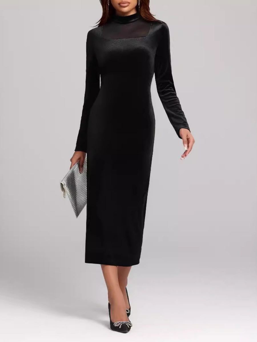 Hip-wrapped Velvet Turtleneck Square Collar Stitching Back Slit Elegant Long Dress