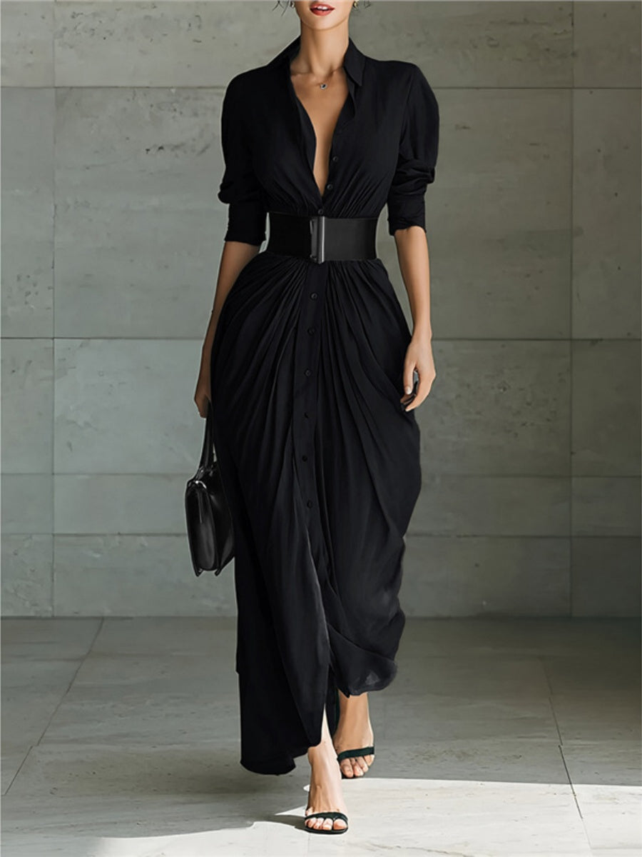 Simple Shirt Dress Pleated Shirt Collar Belted Maxi Dress
