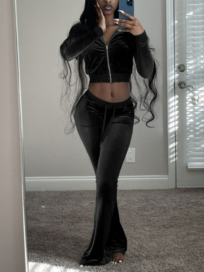 Velvet Splicing Sexy Long-sleeved Casual Navel-baring Top 2-piece Sets