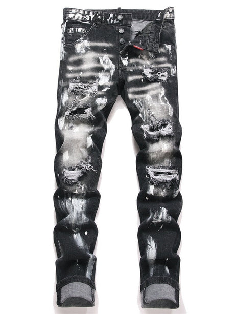 Punk Black Ripped Patch Paint Slim Mid-rise Straight-leg Jeans