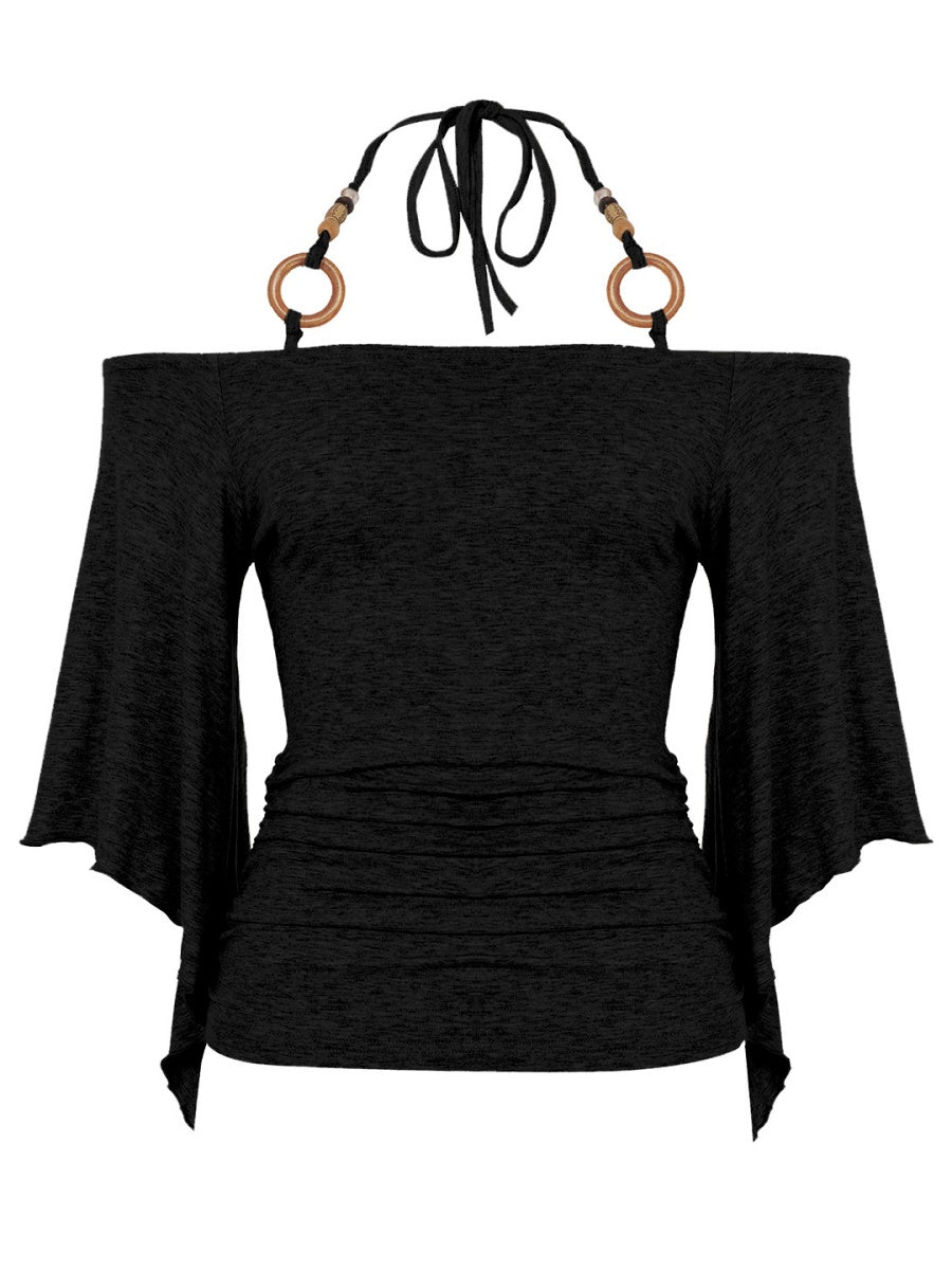 Off-the-shoulder Bell sleeves Cinched waist Halter neck top T-shirts