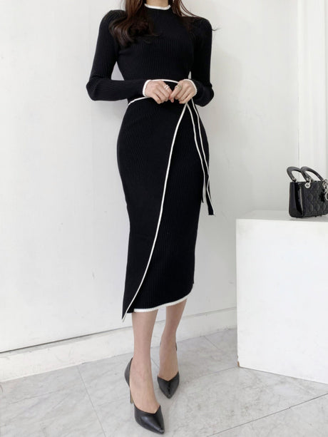 Half-high Collar, Ribbed, Slim-fitting, Color-blocked Mid-length Knitted Dress With Ties