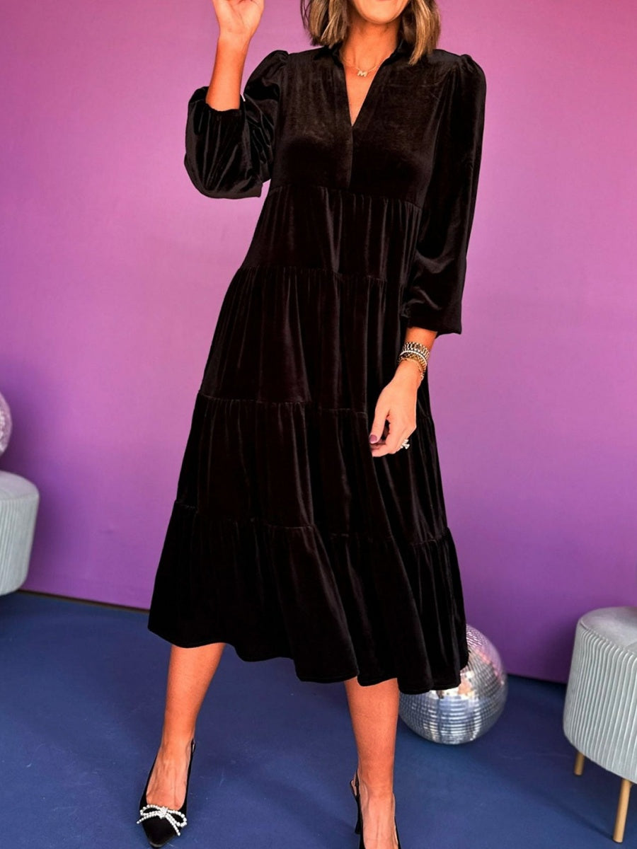 Velvet V-neck Multi-layer Ruffles Maxi Dresses
