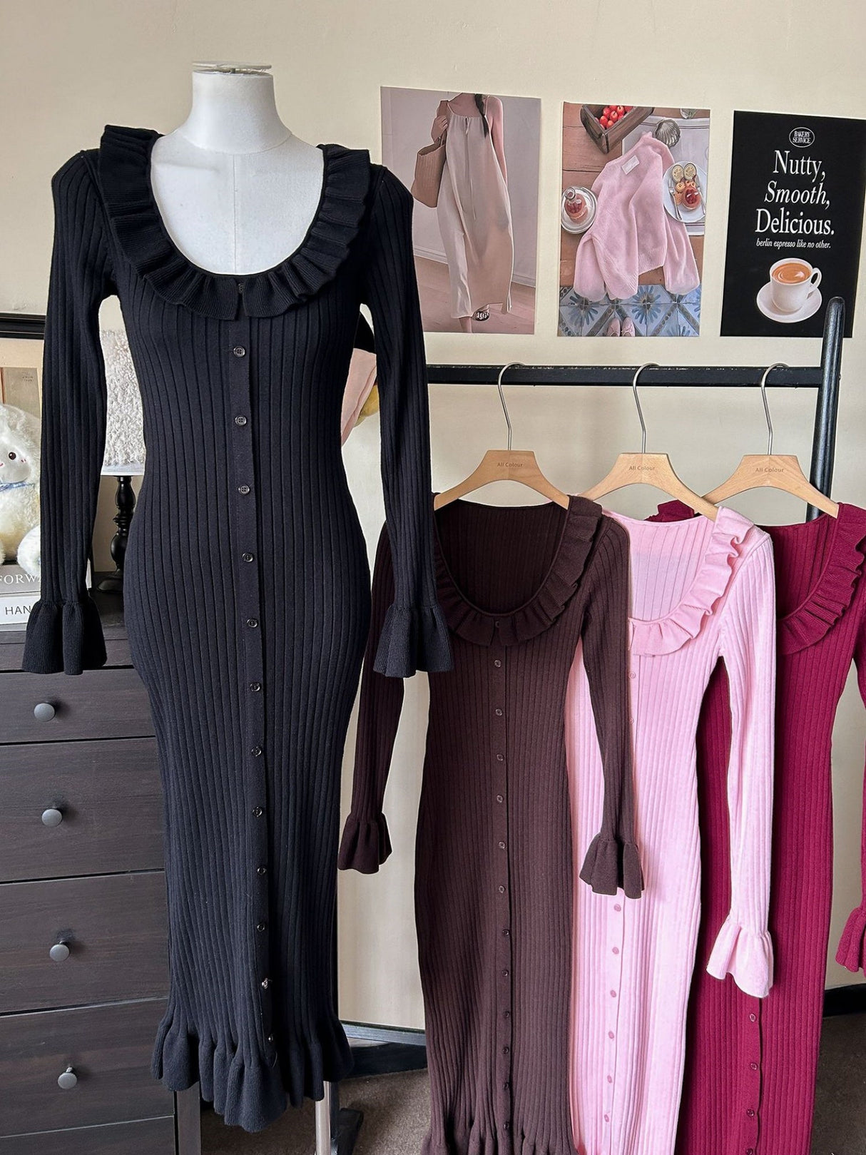 Trumpet Sleeve Ruffle Dress Single Breasted Tight Hip-Wrap Waist Sexy Sweater Long Dress