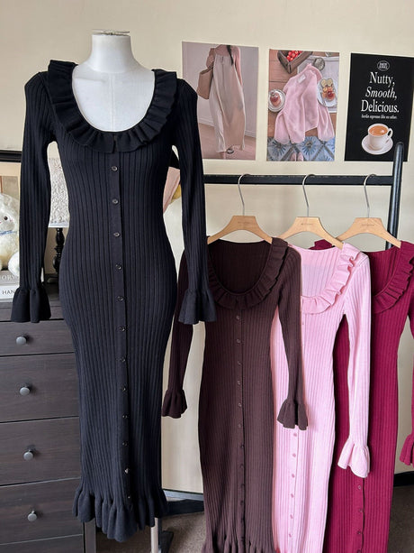 Trumpet Sleeve Ruffle Dress Single Breasted Tight Hip-Wrap Waist Sexy Sweater Long Dress