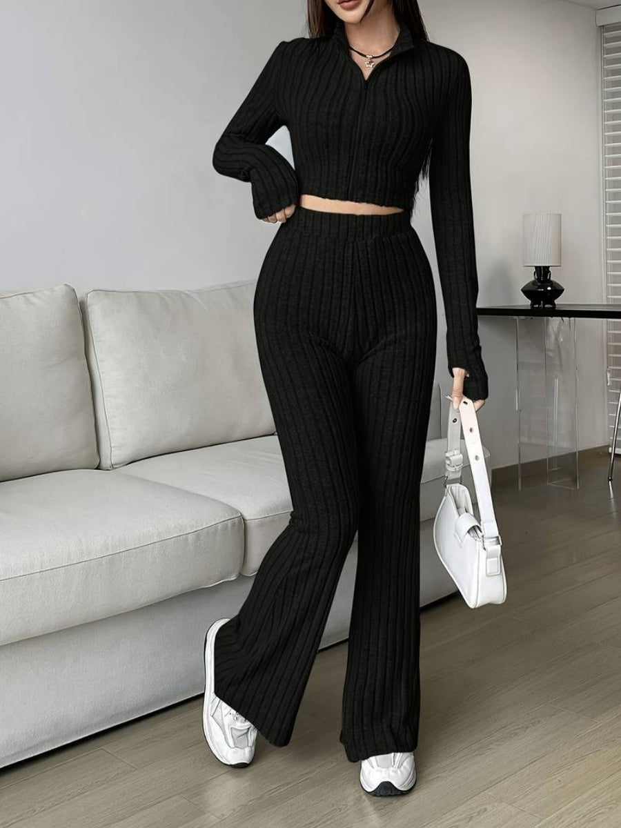 Leisure Long Sleeve Zipper Solid Color 2-piece Sets